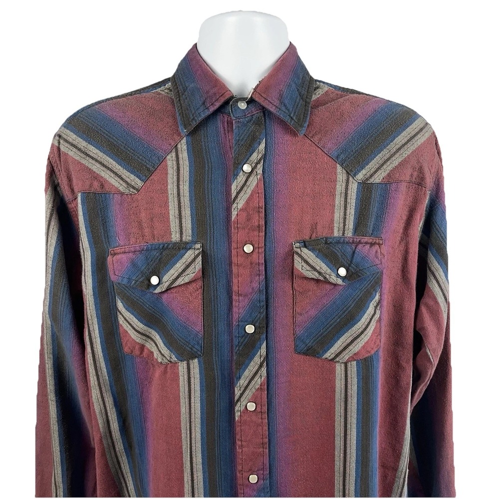 Vintage Wrangler Pearl Snap Shirt Western Cowboy Flannel Maroon 16-16.5 Large‎